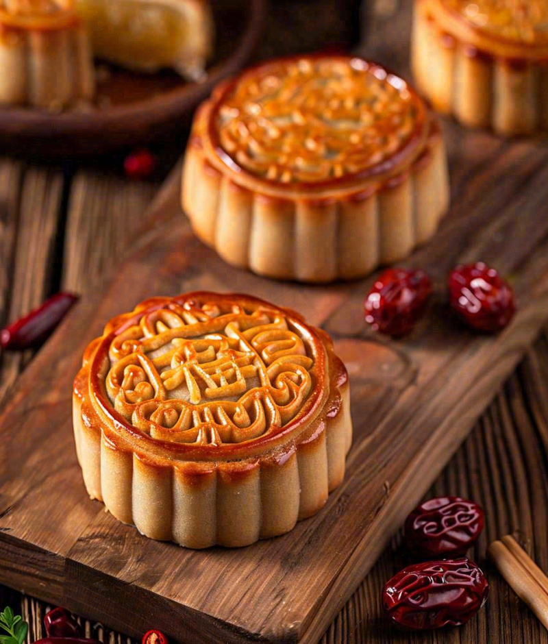 中国美食月饼糕点中秋木质托盘摄影图