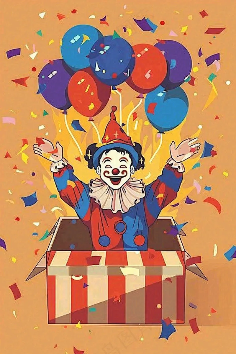 小丑搞怪愚人节游乐园礼盒彩带气球庆祝卡通插画背景(2688x4032)