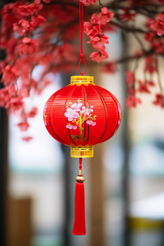 树梢挂着红灯笼花树中式节日摄影图