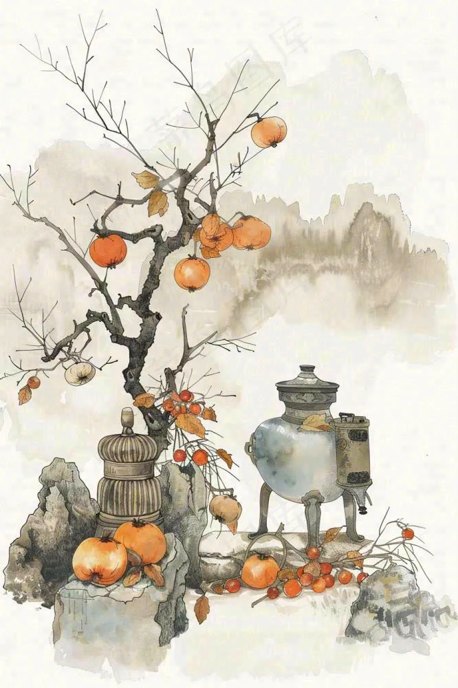 水墨画静物速写柿子花瓶柜台秋天立秋中国风插画背景(896x1344)