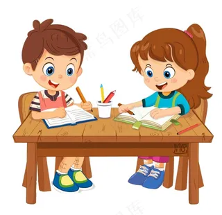 学生们坐着课桌上学习交流写作业卡通插画免抠