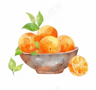 橘子一碗橙子水果水彩画免抠