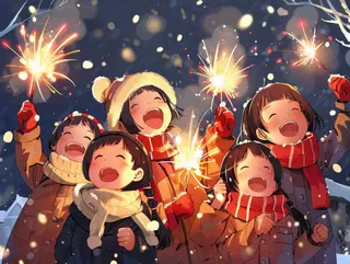 孩童儿童一起放烟花场景开心热闹庆祝新年春节小年除夕夜卡通插画背景