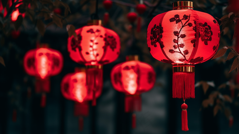 新年树梢挂着红灯笼喜庆摄影图(4368x2448)