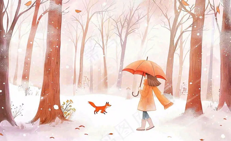 秋冬森林打伞的女孩狐狸动物相遇立冬小雪大雪冬至卡通插画背景(1408x864)