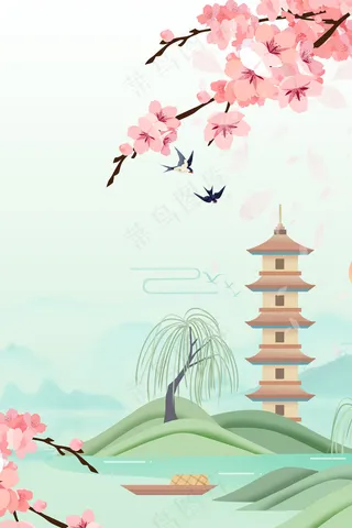 绿色中国风山水春天节气背景