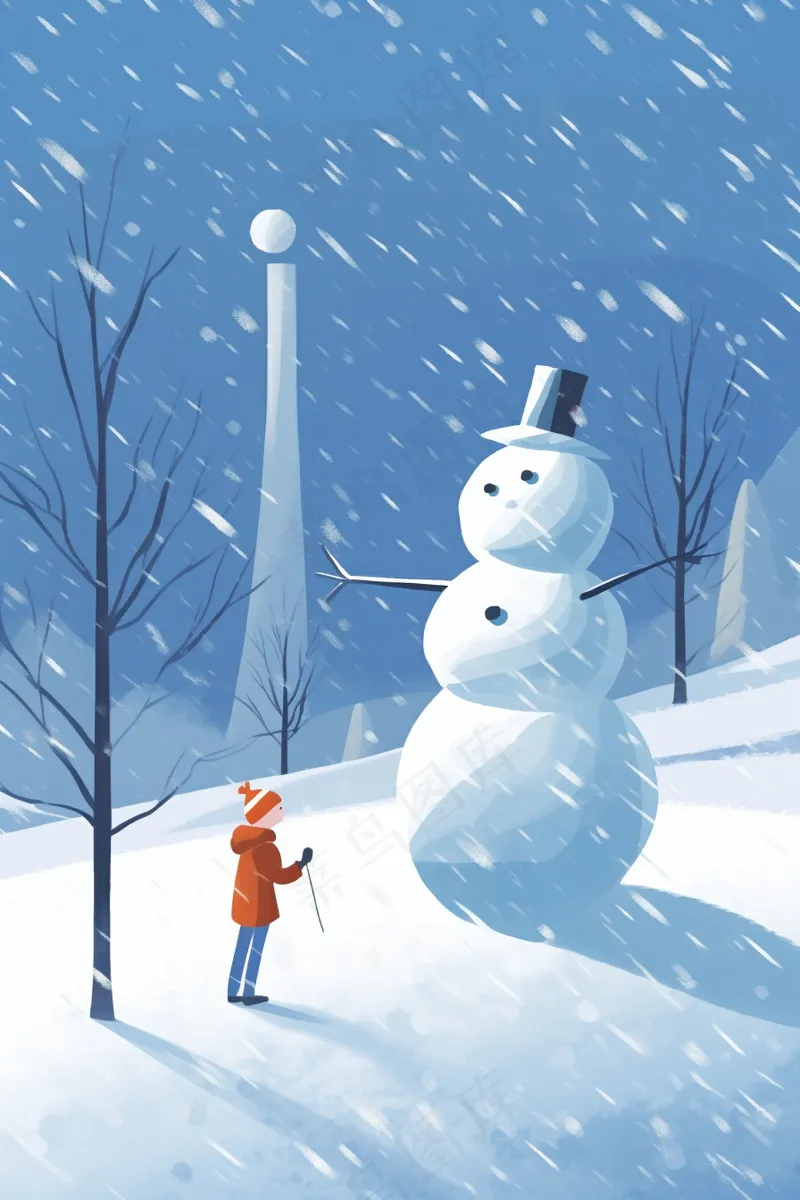 冬季雪天巨大雪人人物卡通插画背景(2688x4032)