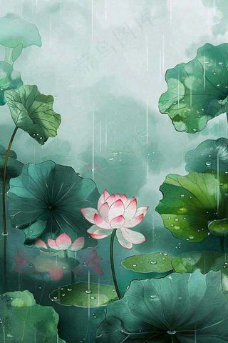 夏天雨季池塘荷花荷叶凄冷大暑处暑插画背景
