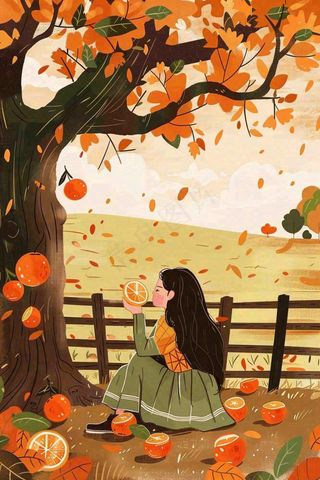 秋天橘子树下的女孩果实果树丰收立秋秋分卡通插画背景