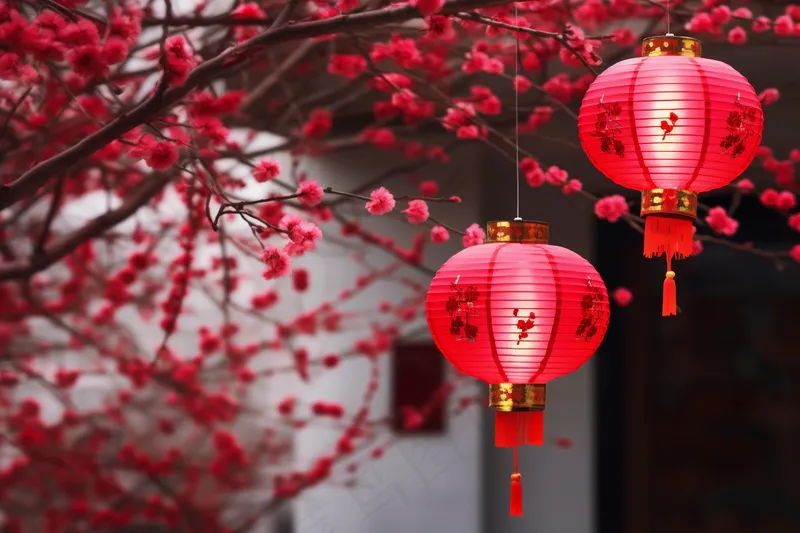 春节梅花树上挂红灯笼红色摄影图(4032x2688)