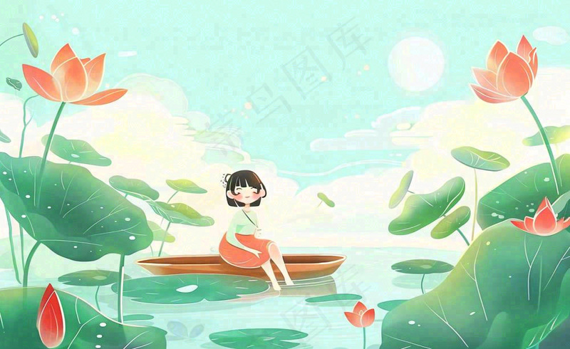 夏日荷叶荷塘女孩坐着船上大暑小暑夏天风景立夏卡通插画背景(1408x864)
