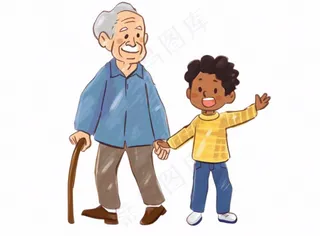 孙子牵着爷爷孝敬老人陪伴亲情人物卡通插画免抠