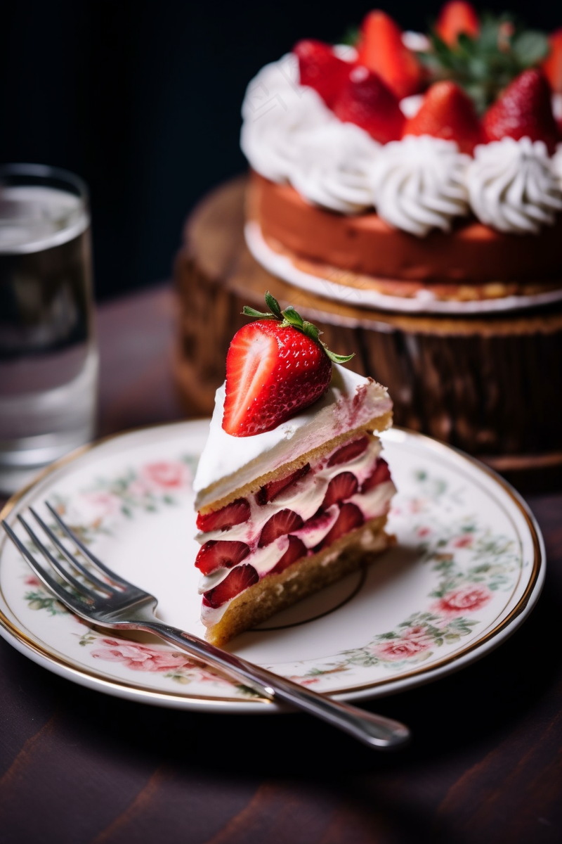 三角蛋糕草莓奶油甜点摄影图