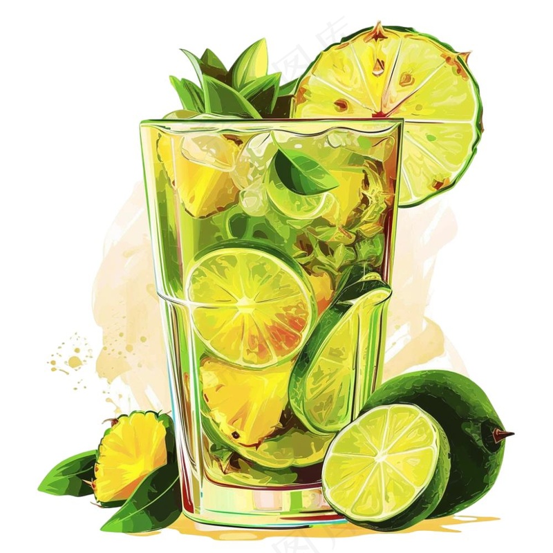青柠檬茶果汁汽水饮料卡通插画免抠(1024x1024)