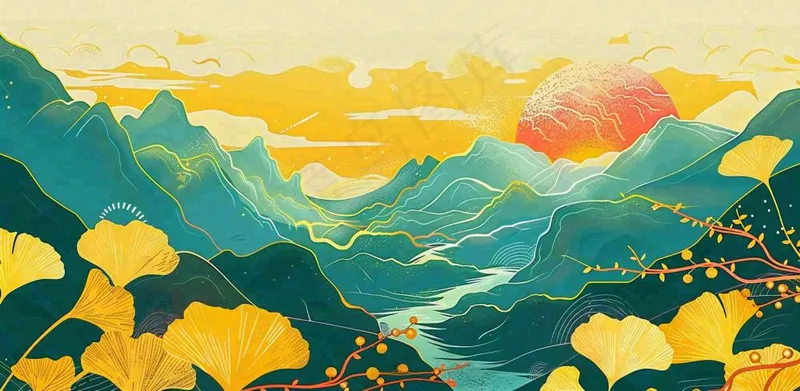 国潮风中国山水秋天落日银杏青山中秋重阳插画背景(1568x768)