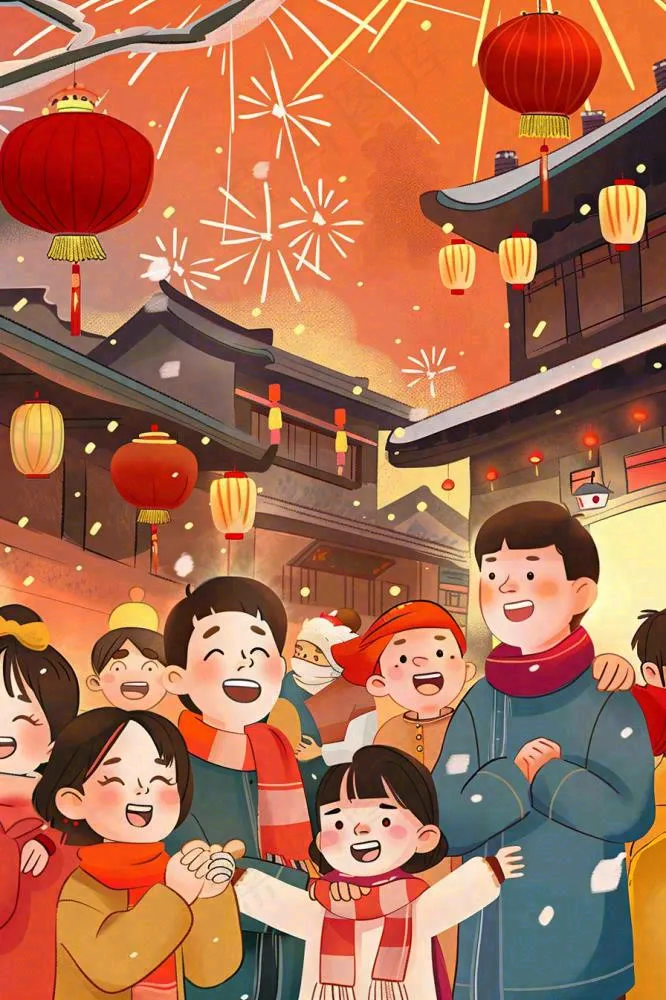 新年除夕热闹的街区烟花庆祝人物插画背景(896x1344)