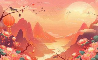 国潮风中秋重阳国庆祖国山河插画喜庆庆祝山水画背景