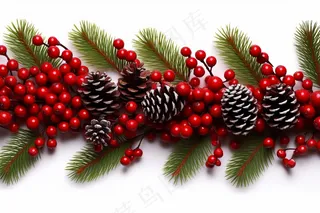 一串松果浆果松树枝松子白色背景摄影图