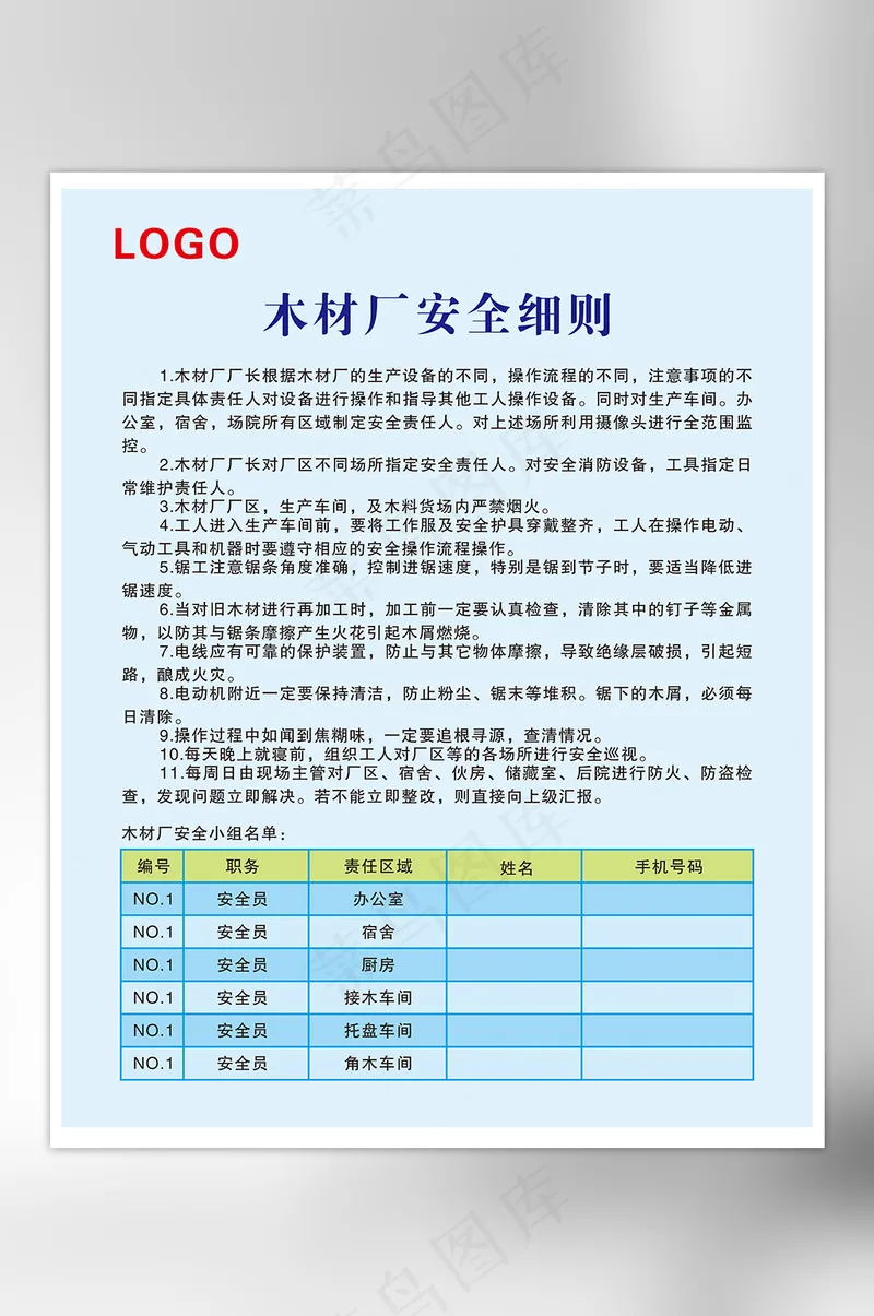 蓝色木材厂安全细则展板cdr矢量模版下载