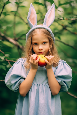 森林抱着苹果的女孩美丽少女摄影图