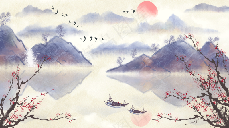 中国风山水彩色国画插画装饰画素材30psd模版下载