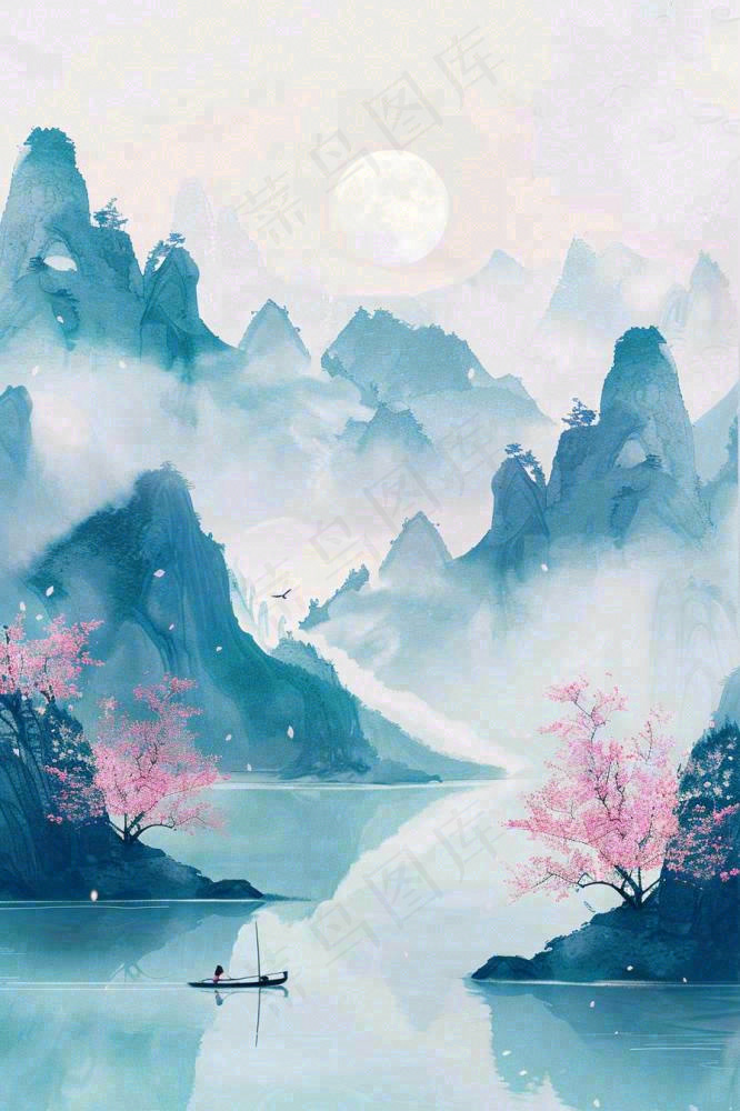 中国风水墨山水画梅花遍地开船春天春分清明插画背景(896x1344)