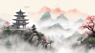 国风山水画河流花草国画水墨画素材背景