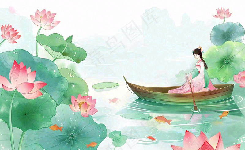 夏日清凉唯美荷花荷叶飘在水面古风少女乘小舟划船卡通人物插画处暑立夏小暑背景(1408x864)
