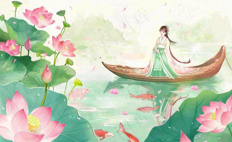 夏日清凉唯美荷花荷叶飘在水面古风少女乘小舟划船卡通人物插画处暑立夏小暑背景(1408x864)