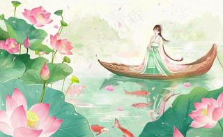 夏日清凉唯美荷花荷叶飘在水面古风少女乘小舟划船卡通人物插画处暑立夏小暑背景