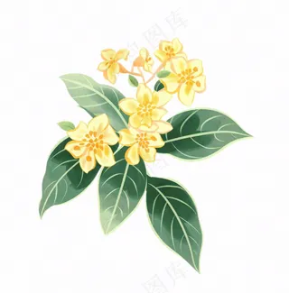 黄花桂花金秋绿叶卡通插画免抠