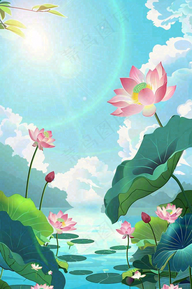 炎炎夏日烈日荷花池荷叶蓝天立夏小暑大暑处暑卡通插画背景(896x1344)