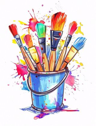 画笔颜料水桶彩色美术卡通插画免抠