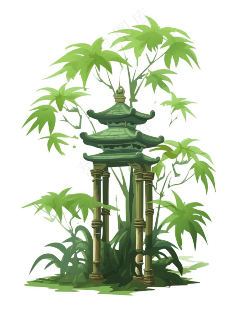 古迹上长满了藤蔓植物卡通插画免抠