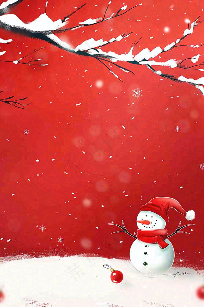 红色宫墙背景白色雪人梅花冬至新年春节小年喜庆卡通插画背景(896x1344)