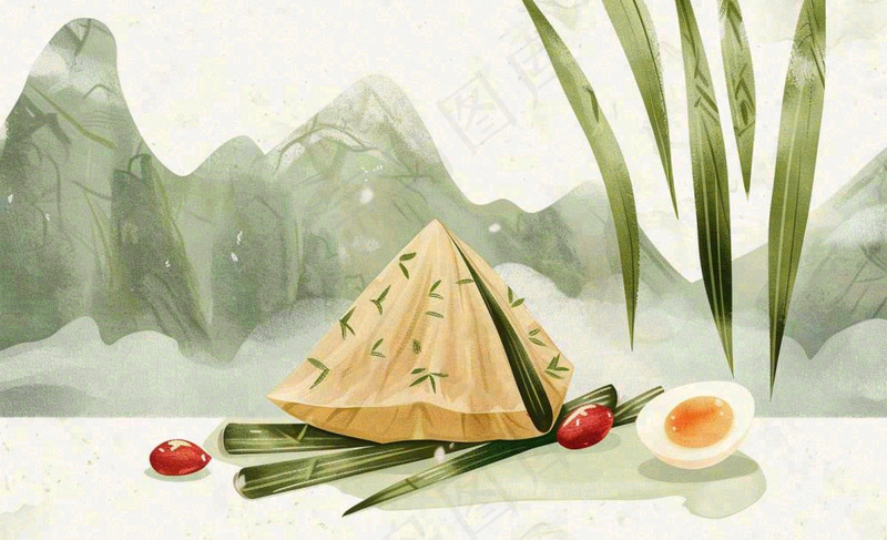 端午佳节粽子绿色青山国风插画水彩绘画背景(1392x848)