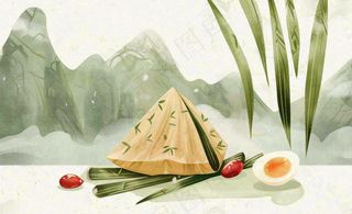 端午佳节粽子绿色青山国风插画水彩绘画背景