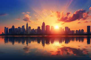 傍晚夕阳下的城市剪影落日晚霞倒影在湖面摄影图