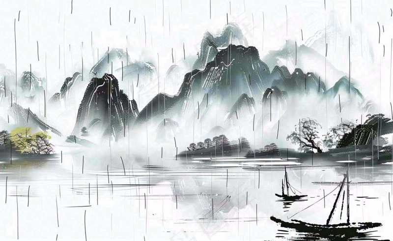 中国风水墨画江南水乡山水画天青色烟雨天清明端午雨水背景(1408x864)
