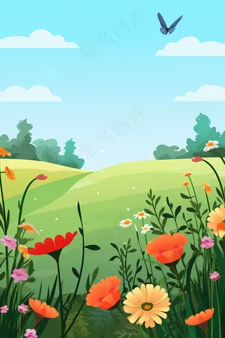 春天大自然花草盛开山野里绿色卡通插画背景