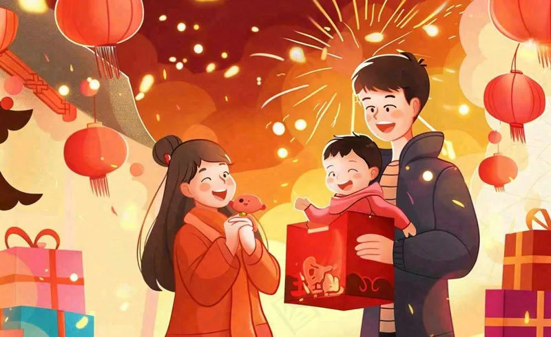 新年春节回家过年团聚送礼物热闹喜庆欢庆卡通插画背景(1408x864)