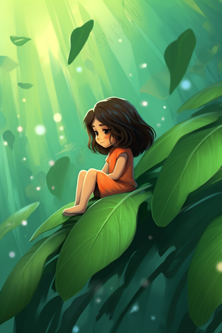 春夏女孩坐着绿叶上创意插画背景