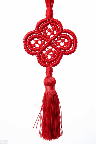 中国结合适串珠红色绳白色背景摄影图 
