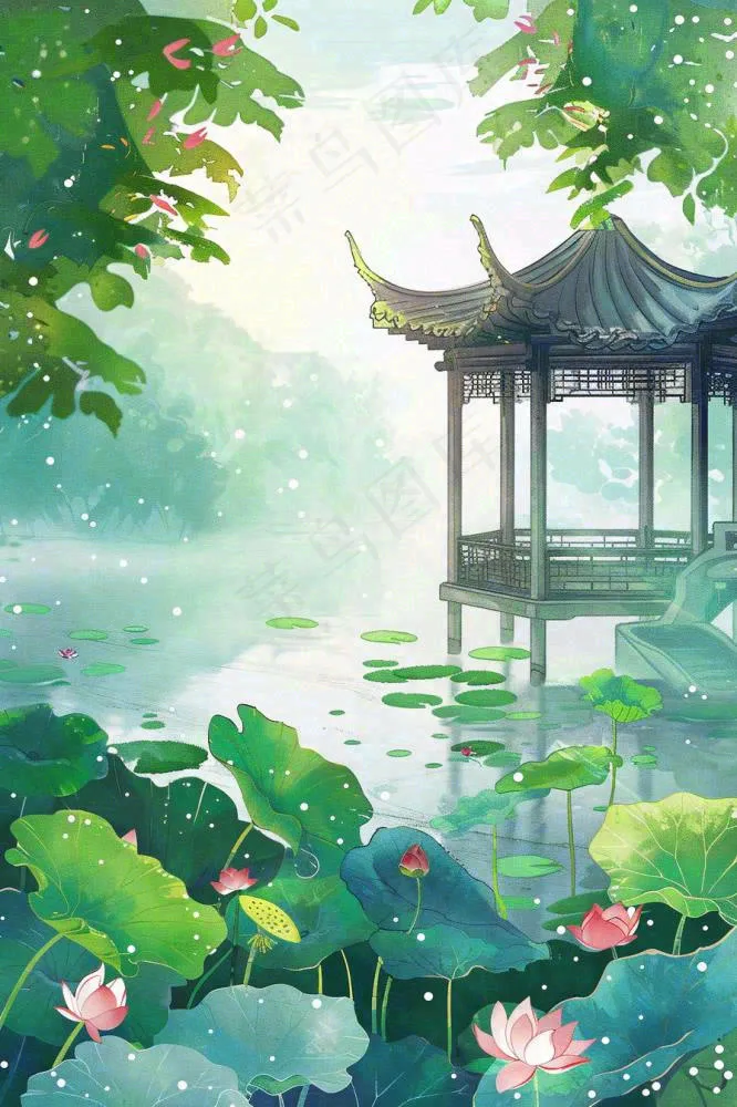 夏日江南苏式园林荷花池塘凉亭树荫阳光立夏夏至处暑插画背景(896x1344)