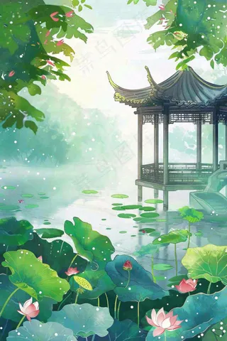 夏日江南苏式园林荷花池塘凉亭树荫阳光立夏夏至处暑插画背景