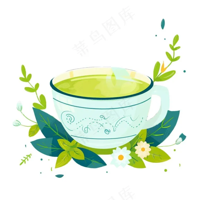 绿茶茶杯青叶清明元素卡通插画免抠(1056x1024)
