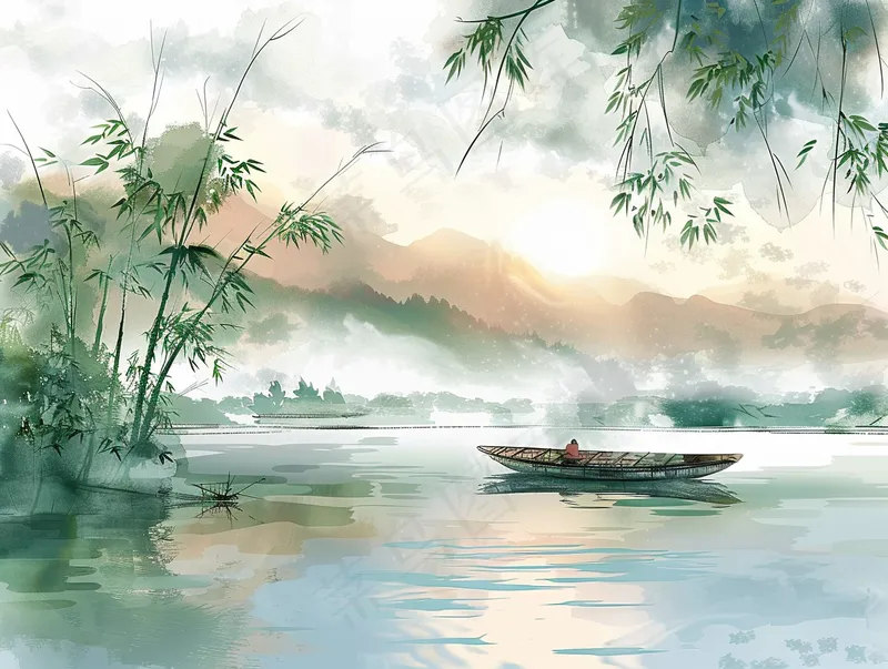 水墨山水画小船河面山川连绵国画插画背景(3696x2784)