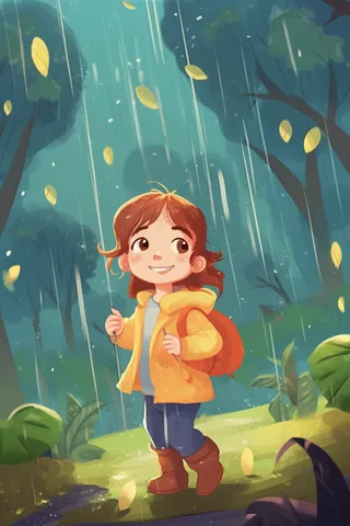 森林雨中漫步玩耍的女孩卡通插画背景