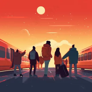 中国传统节日春节除夕春运赶火车回家团聚的人物插画海报背景