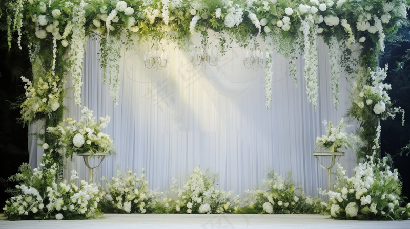 白色鲜花婚礼布置现场背景板摄影图(4368x2448)